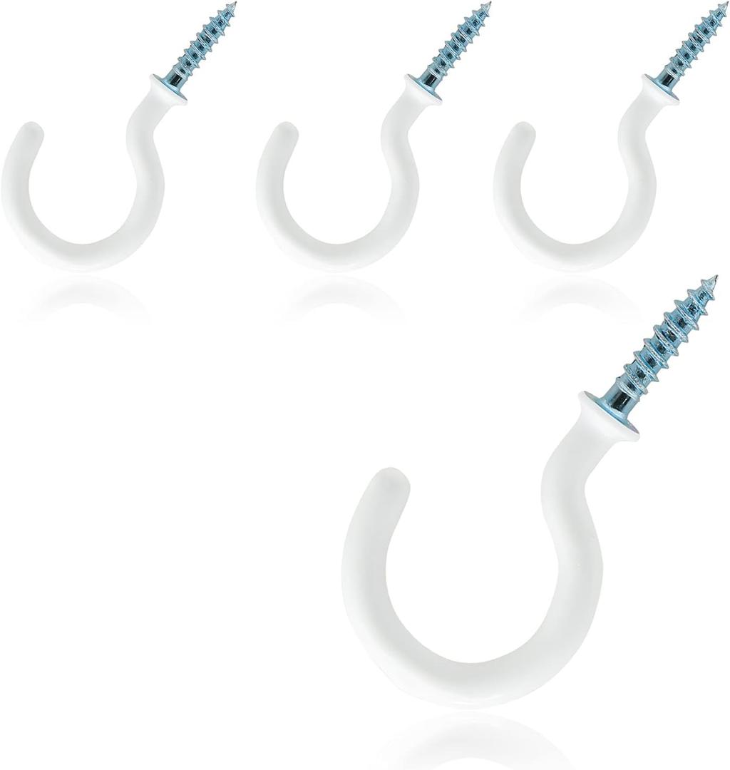 50Pcs 1-1/4 Inch Cup Hooks Ceiling Hooks, Plastic-Covered Metal Screw-in Hooks, White