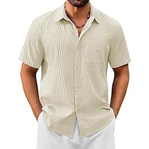 Cotrasen Men's Short Sleeve Button Up Casual Shirts Textured Vacation Linen Collared Shirts Summer Beach Shirt with Pocket Light Apricot S
