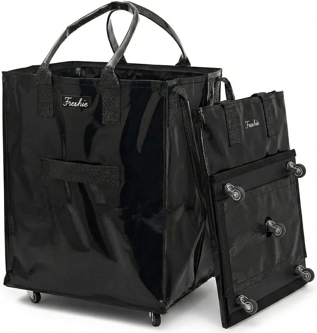 FRESHIE Reusable Grocery Bag On Wheels, Shopping Trolley, Rolling Tote, Zipper Closure, Lightweight, Carries Up to 66 lb, Folds Flat, Unbreakable Handles (Large, Black)