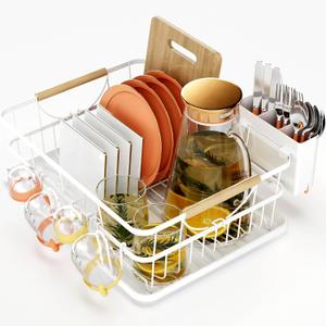 KINGRACK Dish Drying Rack,Dish Drainer with Utensil Holder and Drainboard, High-Sided Dish Rack for Kitchen Counter,Small Sink Drainer for Sink, White