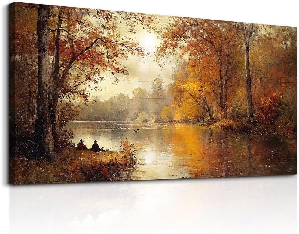 FUHAIHUA Canvas Wall Art For Living Room Large Wall Decor For Bedroom Aesthetics Office Wall Decoration Saffron Yellow Tree Landscape Painting Forest Picture Artwork Ready To Hang Home Decor 24"X48"