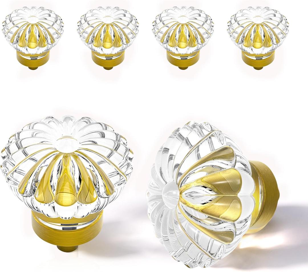 Antique Brass Crystal Cabinet Knobs Cabinets Knob, 4 Pack Flower Vintage Glass Clear Crystal Small Pull for Closet Dresser Drawers Cupboard Wardrobe, Retro Pulls Old Fashioned Drawer Gorgeous Handle