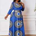 Runwind Plus Size Maxi Dresses for Curvy Women, 3/4 Sleeve V Neck Long Printed Dress with Belt Casual Dress with Pockets (Blue, XXL)