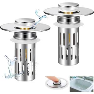 2 Pack Bathroom Sink Stopper for 1.06-1.50in, Universal Bathroom Sink Drain Pop Up Stopper with Hair Strainer, Universal Drain Filter for US Stainless Steel Floor Drain Filter (Silver)
