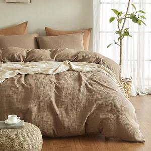 SE SOFTEXLY Muslin Duvet Cover King Size, 100% Washed Cotton Duvet Cover Set, Ultra Soft Comforter Cover Linen Like, 3 Pieces Minimalist Gauze Duvet Cover with 2 Pillowcases, 90"x104", Light Brown