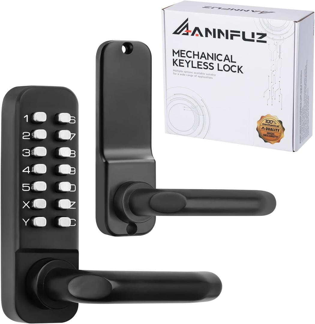 Single Sided Mechanical Keypad Entry Lever Lock,Keyless Push Button Code Combination Door Handle Lock,for Front Gate,Warehouses,Interior Hold-Opening,Auto Locking,No Battery(Matte Black)
