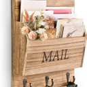 DLQuarts Mail Organizer with Key Holder for Wall Decorative Mail Sorter Wall Mounted, Wooden Mail Holder with 3 Hooks, Carbonized Brown