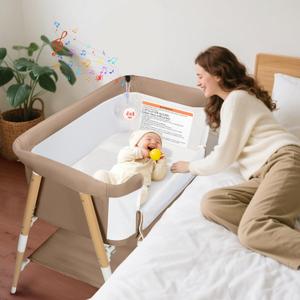 Baby Bassinet, 3 in 1 Bedside Bassinet Sleeper for Newborn, Portable Baby Crib with 4 Detachable Wheels & Adjustable Height, Breathable Mesh & Mattress, Mosquito Net& Storage Basket (Khaki)