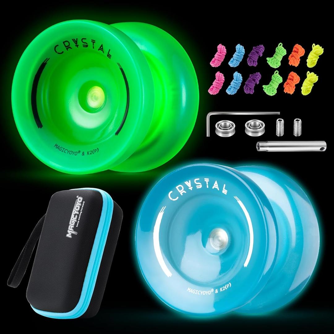 MAGICYOYO K2 Crystal Yoyos Glow in The Dark, Responsive Yoyo for KidsUnresponsive Yo yos for Adults, Plastic Yo-Yo Professional for Fingerspin Trick + 12 Strings + Accessory kit (Glow Yoyo Pack)