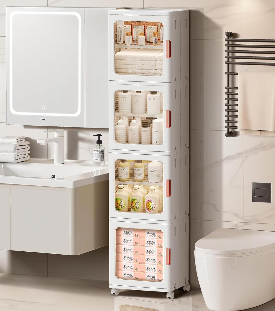 4-Tier Tall Narrow Bathroom Storage Cabinet with Doors and Adjustable Shelves Slim Foldable Cabinets with Wheels Small Spaces Plastic Organizers for Kitchen Laundry Room Bedroom Pantry,White