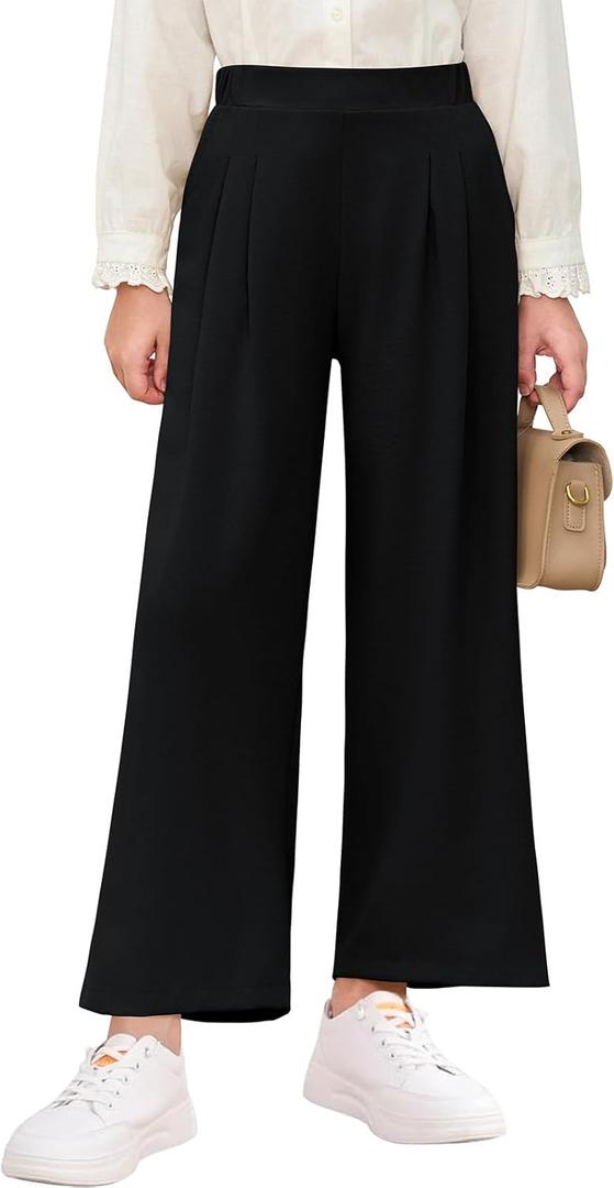 Haloumoning Girls High Waisted Uniform Pants Kids Wide Leg Dress Pants Casual Trousers with Pockets 5-14 Years (Black)