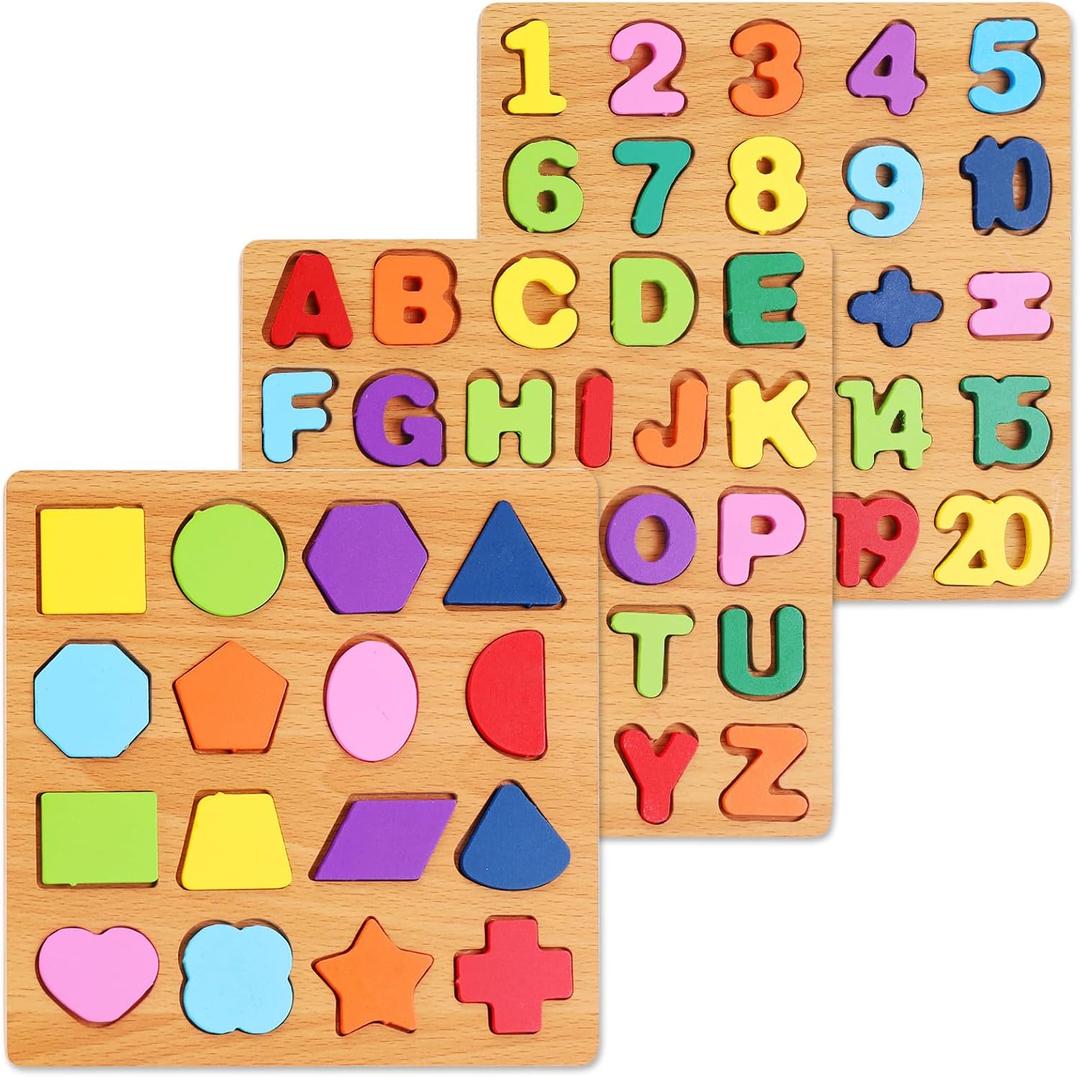 Alphabet Wooden Puzzles for Toddlers 3-5, Pack of 3 ABC, Number and Shape Puzzle, Preschool Educational Learning Toys with Puzzle Board & Letter Blocks for Girls Boys Ages 3 4 5 Years Old, Small