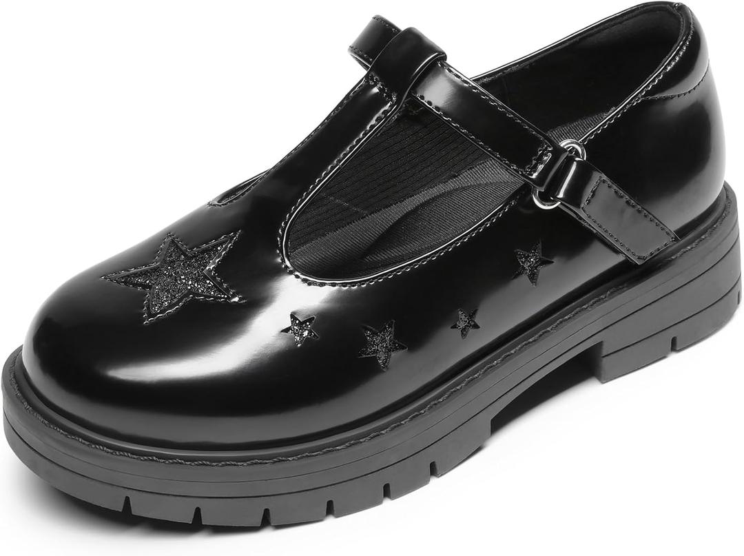 DREAM PAIRS Girls Mary Jane Dress Shoes Chunky Platform School Uniform Shoes T-Strap Oxfords Loafers Star Flats (12 Little Kid, Black-pu)