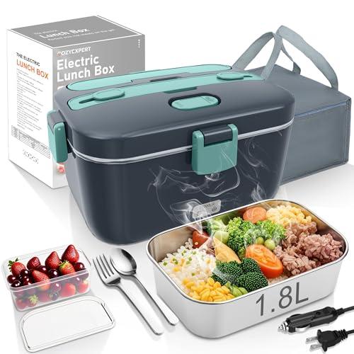 COZYEXPERT Electric-Lunch-Box-Heated-Food-Warmer 100W Heating Lunchbox for Adults 1.8L Portable Food Heater for Work/Car, 12V/24V/110-230V Lonchera Eléctrica Portátil with Fork Spoon (Gray+Green)