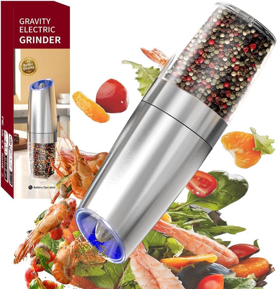Gravity induction electric pepper grinder, stainless steel ceramic grinding core, dry battery LED light, manual adjustment of thickness 135ml large capacity silo