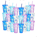 Chuangdi 24 Set Snowflakes Plastic Cup Bulk Christmas Cups with Lids Straws 24 oz Christmas Reusable Party Cup Coffee for Hot Cold Beverage Drinking Party Winter Birthday Supplies