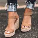 VICKIVICKI Women's Platform Sandals Wedge Ankle Strap Open Toe Sandals (Beige)