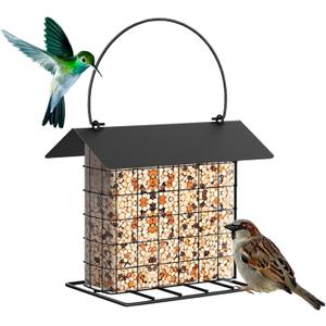 Suet Cake Bird Feeder Outdoor Hanging Metal Wire Wild Bird Feeder Fat Ball Food Feeder with Metal Roof and Platform Outside Cake Suet Feeder Rainproof (Black)