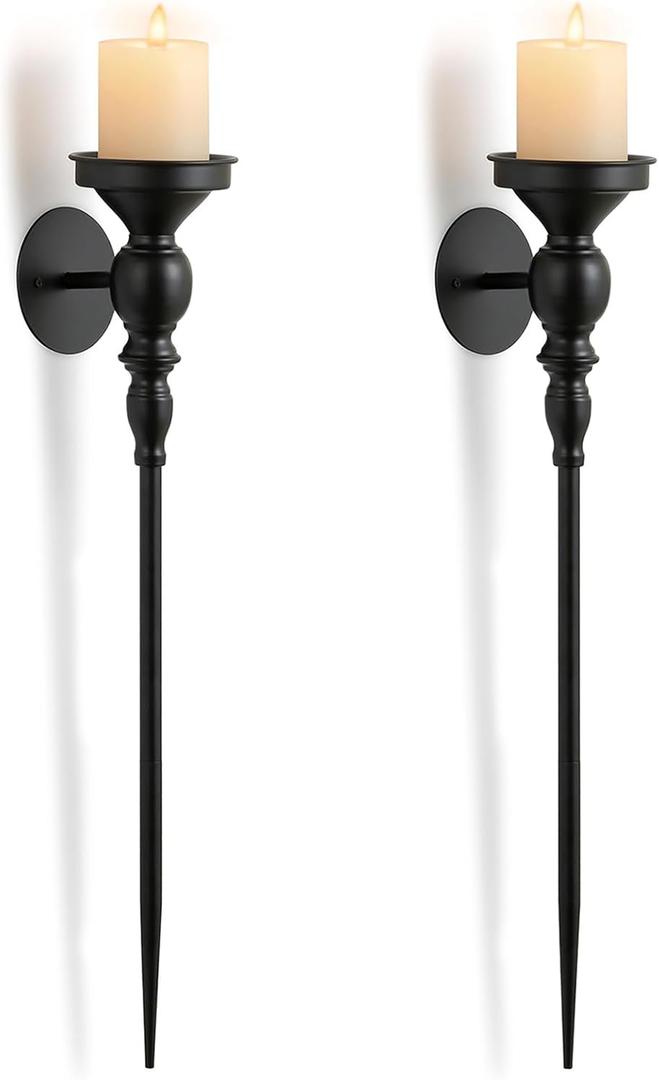 Black Wall Candle Holder Decor - 24.4 Inch Long Metal Gothic Wall Art Decor for Halloween Bedroom Living Room - Candle Sconces Set of 2 for Porch Hallway Entryway Beside TV