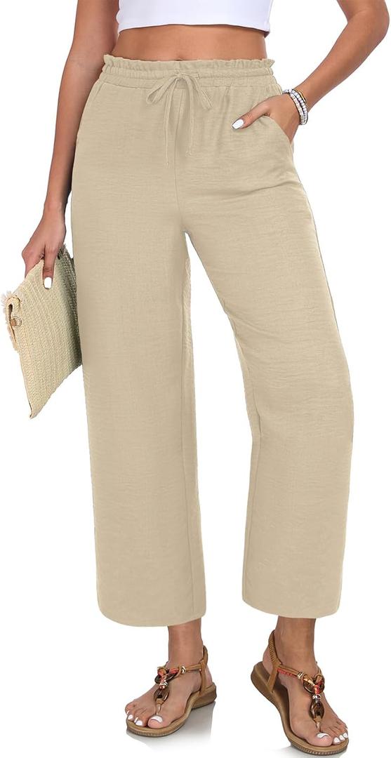 Women Casual Pants Loose High Waist Cropped Palazzo Beach Pants Summer Outfits 2025 Trendy (M, Apricot)