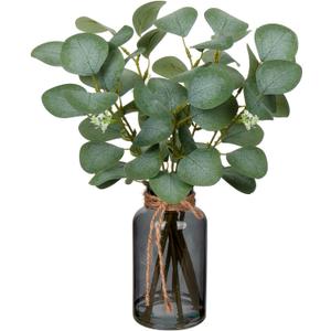 Briful Artificial Eucalyptus Stems in Black Glass Vase with Faux Water, 14" Fake Plant Eucalyptus Leaves for Home Office Farmhouse Wedding Centerpiece Dcor