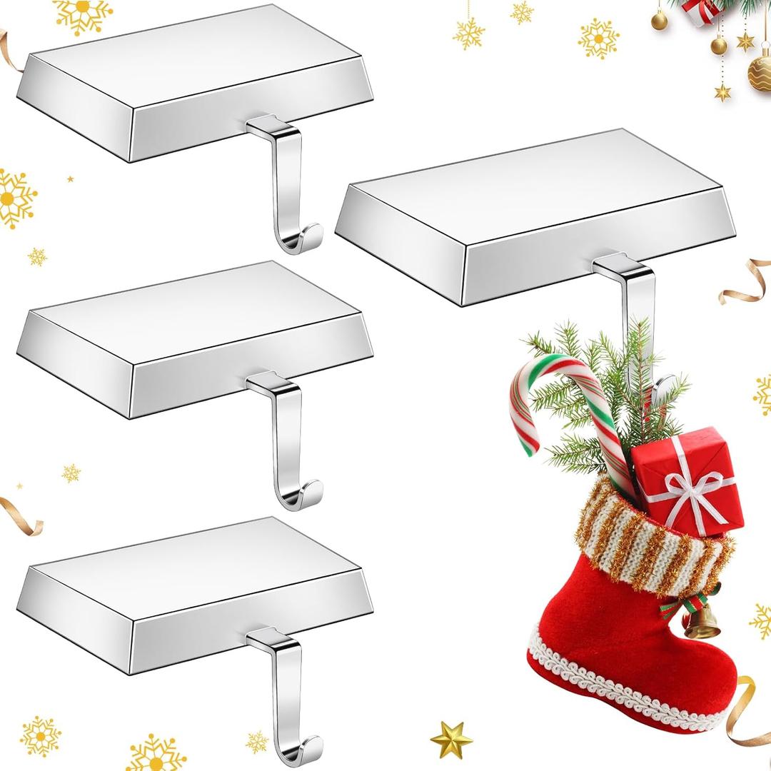 WLLEYAY 4 Pack Heavy Duty Metal Christmas Stocking Holders for Mantle, Non-Slip Fireplace Stocking Hooks Xmas Holiday Party Decorations for Counter Tables Window Fireplace Mantle Home Shelf Decor (Silver)