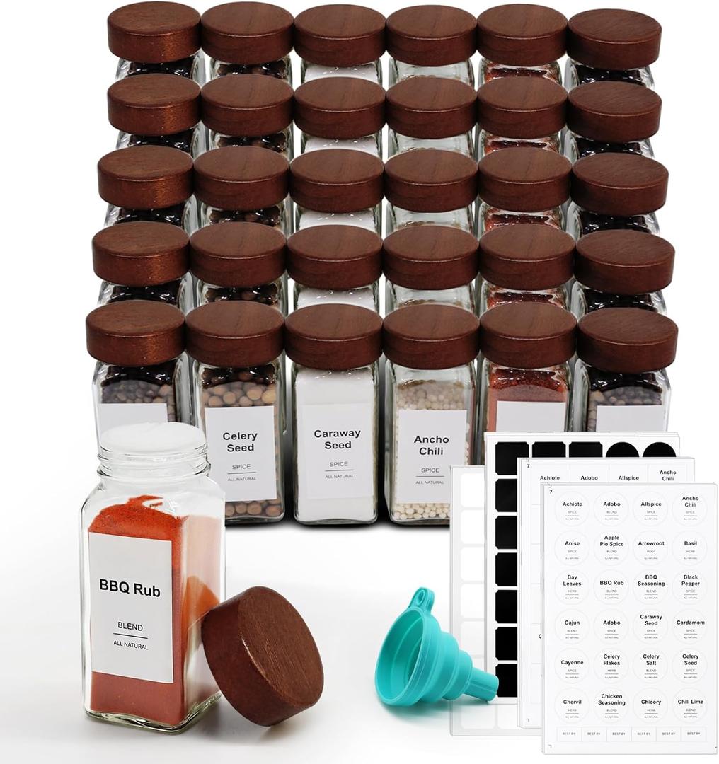 30 Pcs Spice Jars, 4oz Seasoning Containers with Acacia Wood Shaker Lids, Glass Spice Bottles with Labels, Square Seasoning Organizer, Kitchen Spice Container 30 Pcs Spice Jars, 4oz Seasoning Containers with Acacia Wood Shaker Lids, Glass Spice Bottles with Labels, Square Seasoning Organizer, Kitchen Spice Container