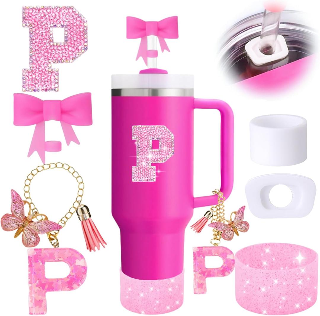6PCS Pink Stanley Cup Accessories Set, Initials Decorations for Stanley Cup 30oz 40oz, Includes Bow Straw Topper, Handle Charm, Letter Sticker, Silicone Boot, Spill Proof Stopper (Letter P)
