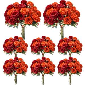 Geosar 8 Bundles Artificial Peonies Flowers Fake Silk Peony Bouquet Faux Peonies Flowers Bulk for Decoration Vase Floral Arrangements Wedding Party Table (Orange,Deep Red)