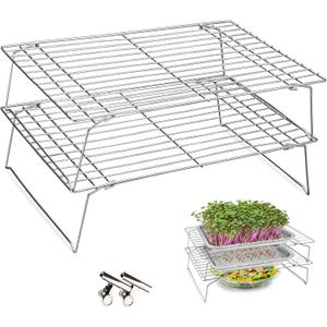 Sprouts Growing Rack 2-Tier 14 inch Shelf, Metal Foldable Plant Stand for Sprouting Tray Indoor, Seed Starting Tray Plant Shelf, Silver Rack for Kitchen Table Top Space Saving