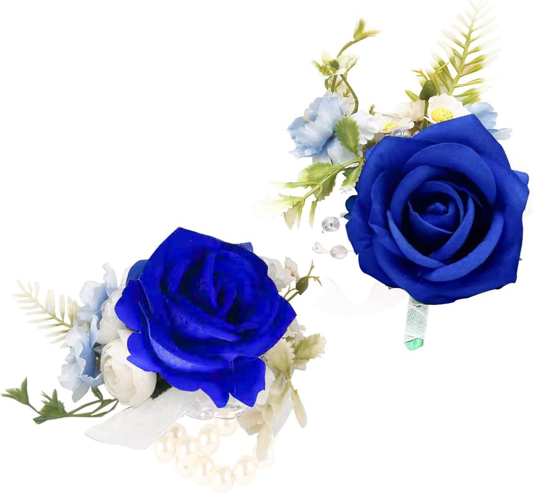 Royal Blue Corsage and Boutonniere Set, Artificial Rose Corsage Wristlet and Boutonniere for Wedding Prom Party (Royal Blue 1 Boutonniere&1 Wrist Corsage)