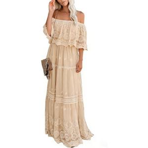 Women's Casual Off Shoulder Lace Maxi Dress Boho White Bridesmaid Wedding Evening Party Dresses, M