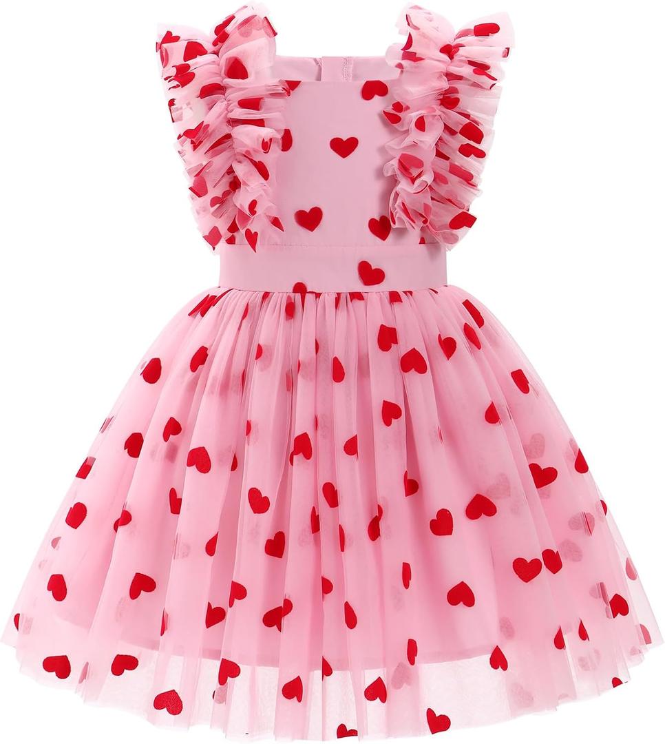Kids Valentines Day Dress for Girls Ruffle Sleeveless Red Heart Print Birthday Tulle Princess Dress Party Tutu Dresses (Pink)