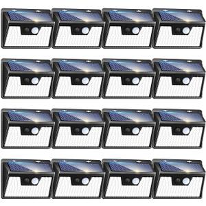Peasur Solar Powered Lights Outdoor, 140LED 16Pack Motion Sensor Light Outside, IP65 Waterproof Fence Security Lighting with 3 Modes for Yard Wall Garden, Cool White 