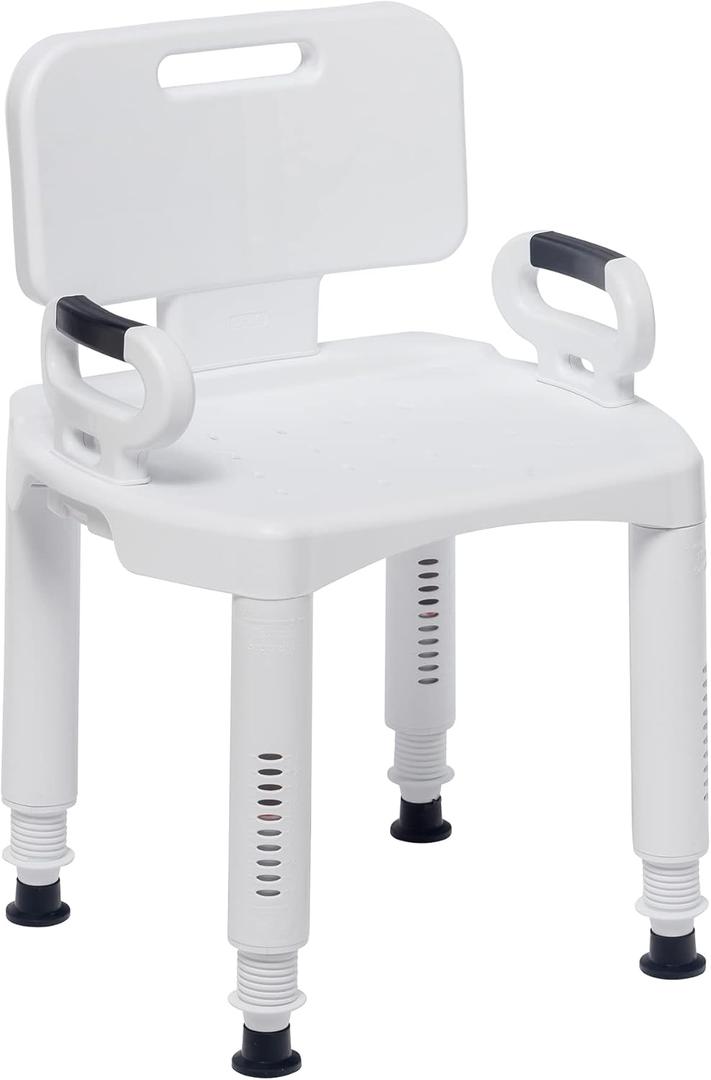 Drive Medical Bathroom Bench with Back & Arms - Adjustable Height - Suction Tip Legs for Stability - Durable Plastic Seat - 350 Lb Capacity - White
