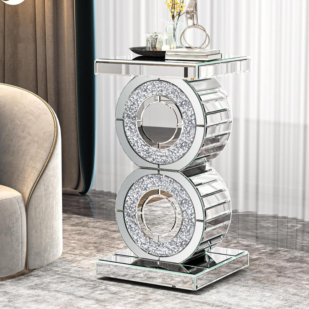 ENENE Mirrored End Table Crushed Diamond Coffee Table for Living Room Small Spaces Side Table for Bedroom Office Hallway Entryway (Silver Crystal Style)