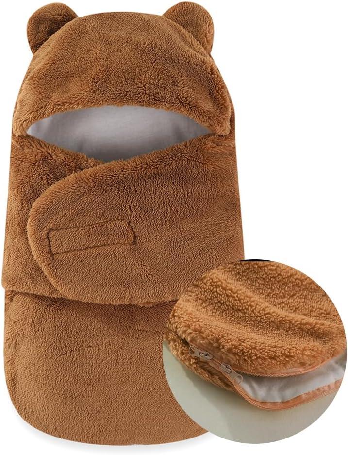 Baby Winter Fleece Swaddle Blanket 0-3 Months Boys Girls Warm Adjustable Newborn Swaddling Wrap Soft Plush Sleeping Sacks (Brown)
