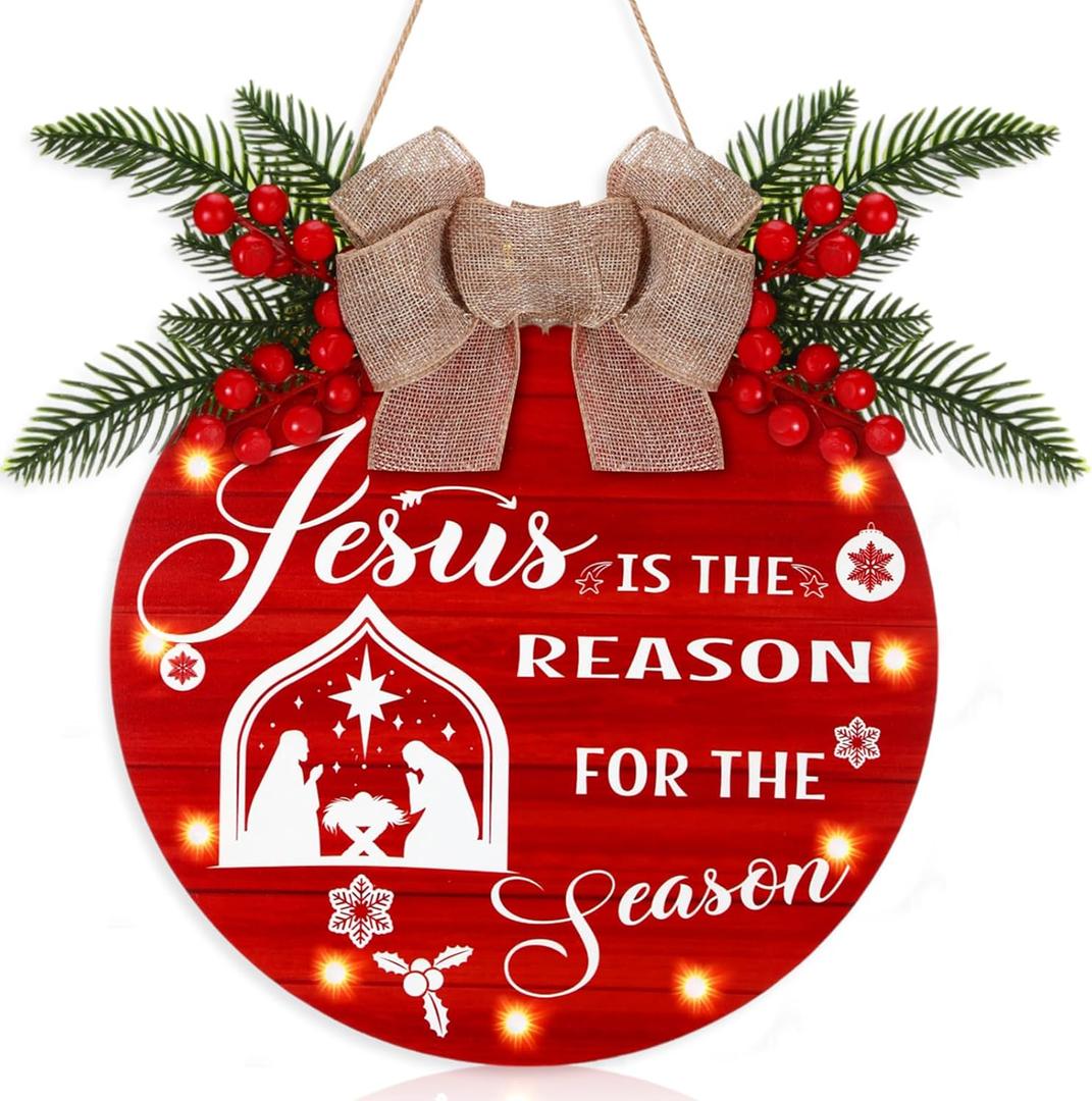 Coume 12 Inches Christmas Decorations Wooden Hanging Sign Jesus Is The Reason for The Season Sign LED Lights Xmas Plaque Christmas Nativity Scene Door Wreath for Holiday Front Door Wall Decor