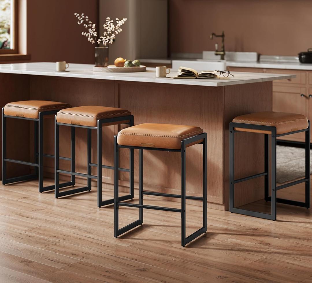VASAGLE EKHO Collection - Bar Stools Set of 4, Counter Height Bar Stools, Synthetic Leather with Stitching, Mid-Century Modern Counter Stools, 26-Inch Tall, Kichen Home Bar Dining Room, Caramel Brown