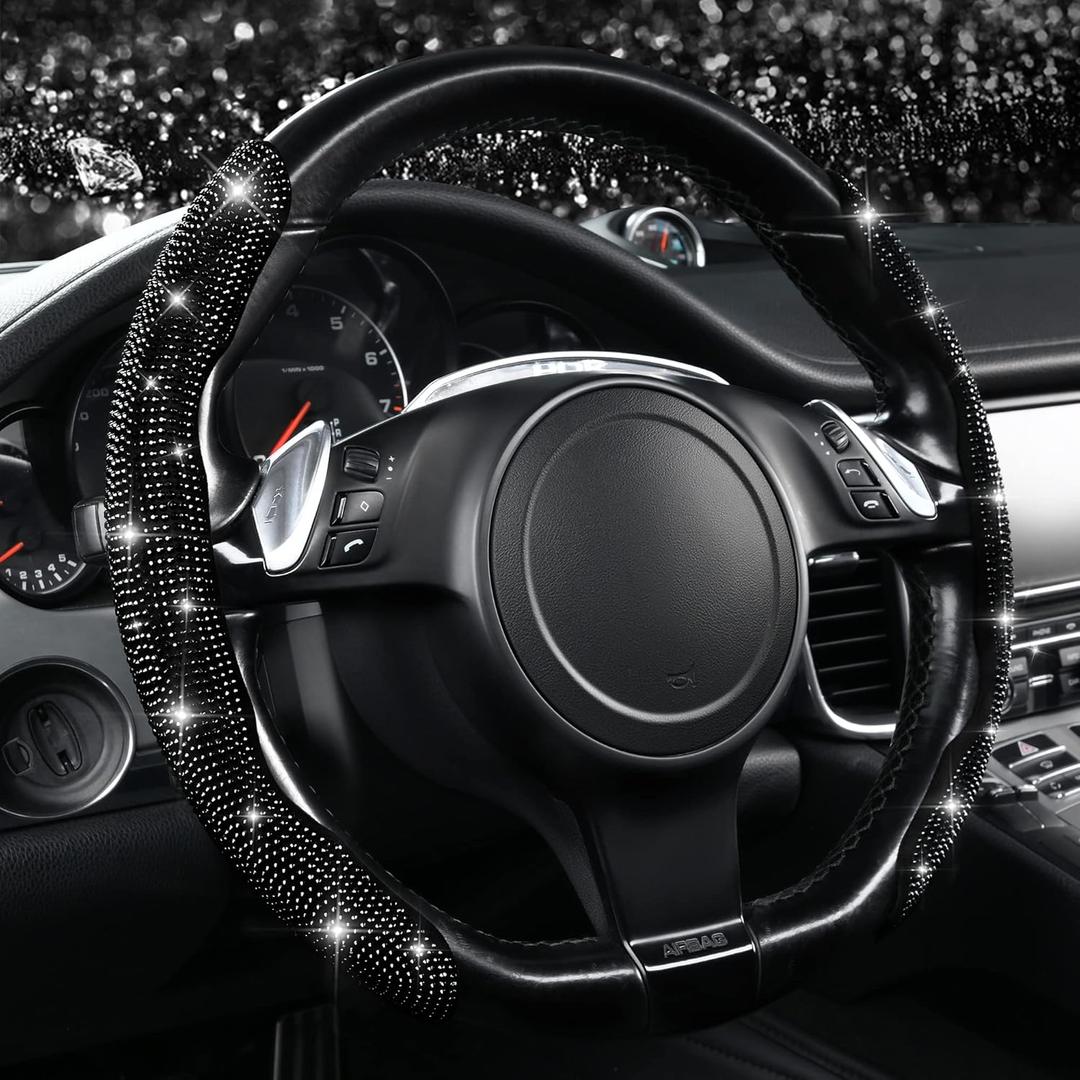CAR PASS 2PCS Bling Diamond Segmented Steering Wheel Cover with Crystal Rhinestones, Wheel Protector Non-Slip Cute Car Accessories Universal Fit D-Shape O-Shape 14.5" to 16" for Women, Black Diamond