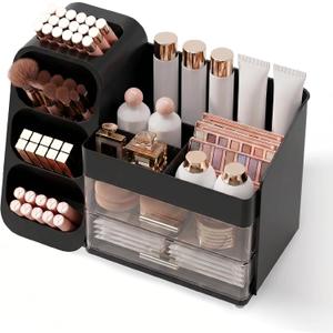 Booklov Makeup Organizer for Vanity, Large Capacity Cosmetic Display Case with Drawers, Countertop Beauty Storage Holder for Skincare, Brush Eyeliner Perfume Eyeshadow Lipsticks, Counter Desk, Black
