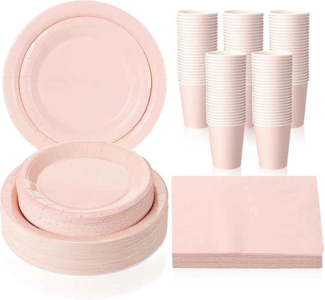 Tioncy 200 Pcs Disposable Paper Plates Cups and Napkins Party Supplies Serve 50 Guests Disposable Paper Dinnerware Set for Graduation Birthday Wedding Baby Shower Family Picnic(Pastel Pink)