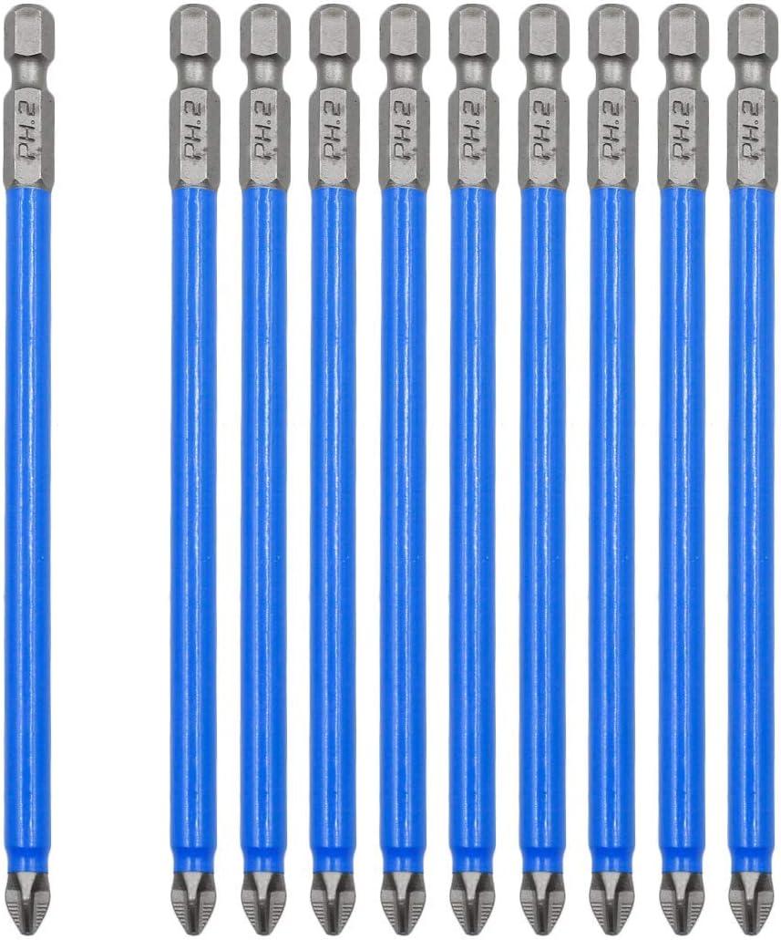 Biaungdo 10pcs Magnetic Long Hex Phillips Screw Head Electric Screwdriver Bits Set (PH2 x 127MM)