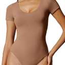 IUGA Bodysuits for Women Tummy Control Short Sleeve V Neck Body Suits for Womens Compression Slimming Thong Bodysuit (Medium, Latte)