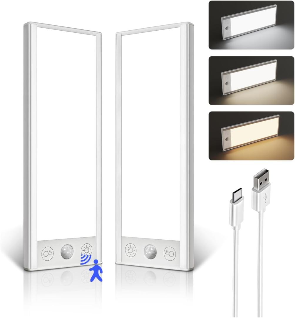 EZVALO 3000mAh Under Cabinet Lighting Wireless, 150LM Super Bright Motion Sensor Light, Rechargeable Under Counter Lights for Kitchen, Dimmable Closet Light with 3-Inch Ultra-Wide Panel 2Pack