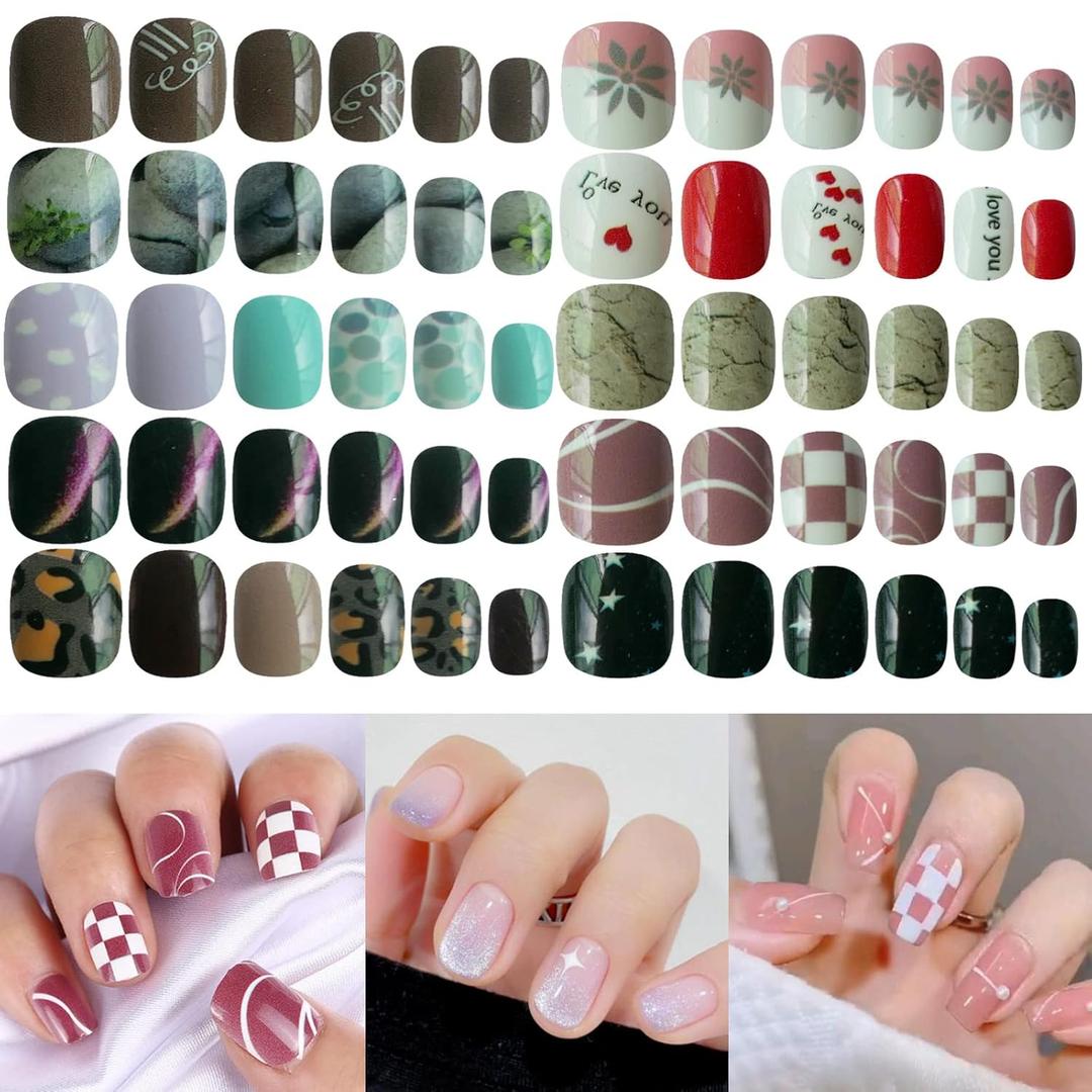 LoveOurHome 240pc Short Square Press on Nails Glossy Mixed Colored Stars Heart Marble Flower Cloud Design Round Fake Nails Kit Full Cover Artificial Fingernails 12 Sizes for Women Girls Kids