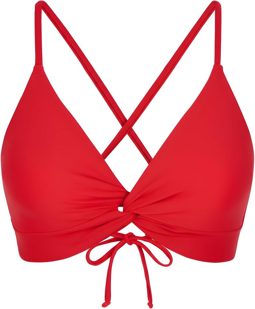 Twist Front Crisscross Back Bikini Top V Neck Self Tie Padded Swimsuit Bathing Suit Tops Only for Women (Red, L)