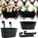 2 Pack Metal Hanging Planter for Outdoor Plants, 10 Inch Black Fence Planters Railing Pots for Garden Patio Balcony Decor, Flower Bucket with Detachable Hooks (Black, 2Pcs)