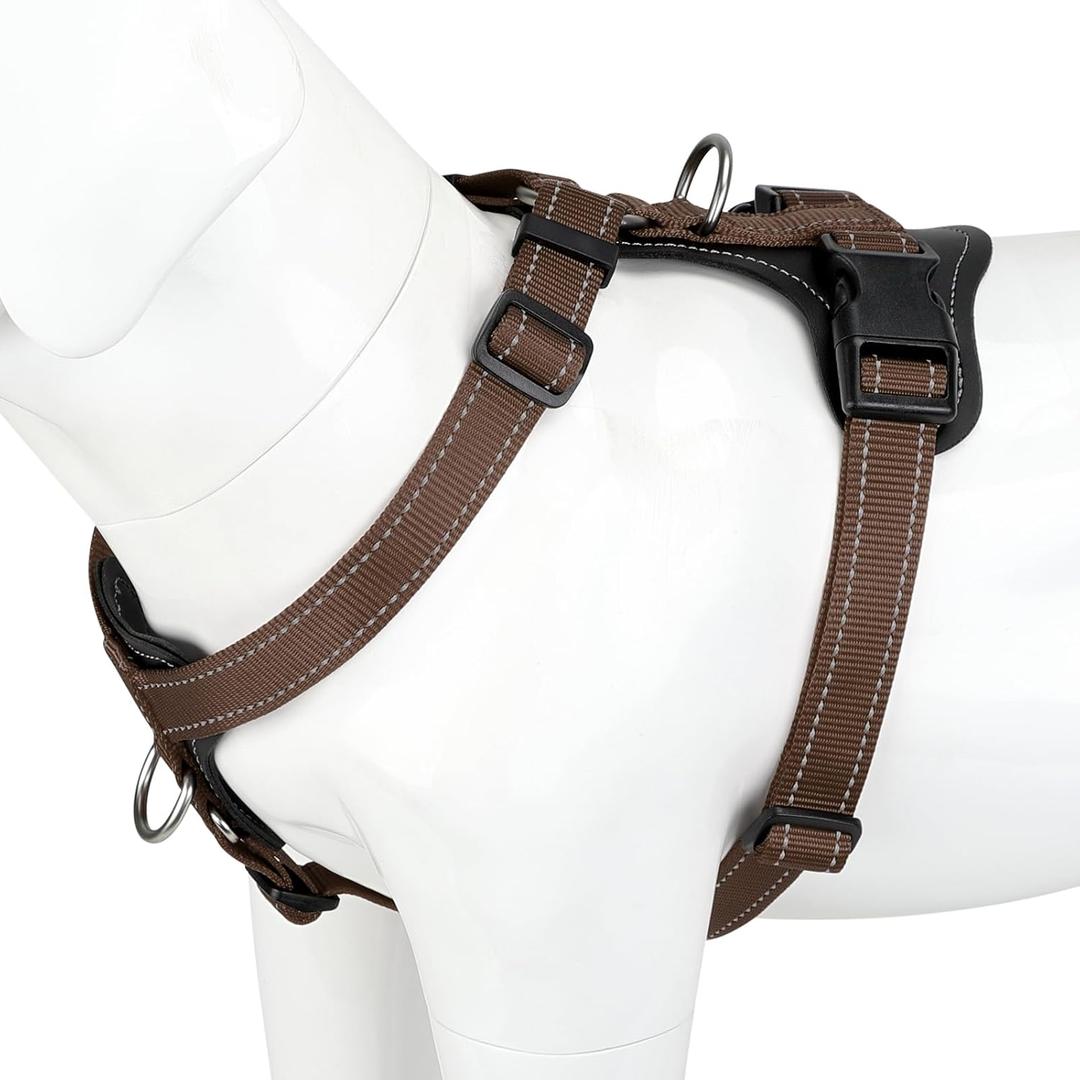 Plutus Pet Adjustable No Pull Dog Harness with Leather Accents, Heavy Duty Reflective Nylon Vest for Training, Hiking, Easy Walk Harness for Large Dogs (Chocolate, L)