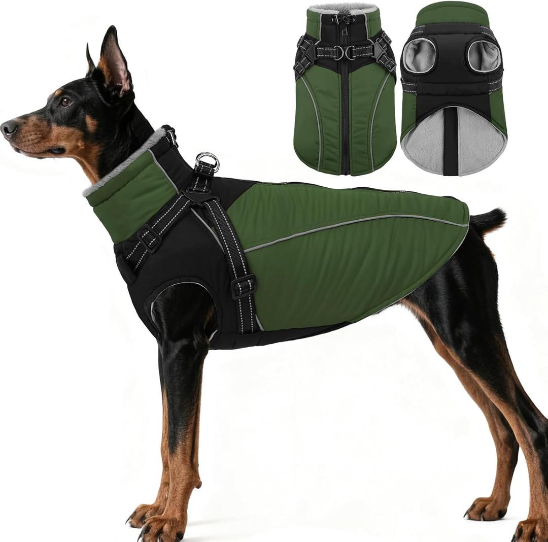 ASENKU Reflective Dog Coat with Built-in Harness, Windproof Fleece-Lined Dog Jacket, Large Dogs, Warm Winter Vest with Turtleneck & Zipper (Green XL)